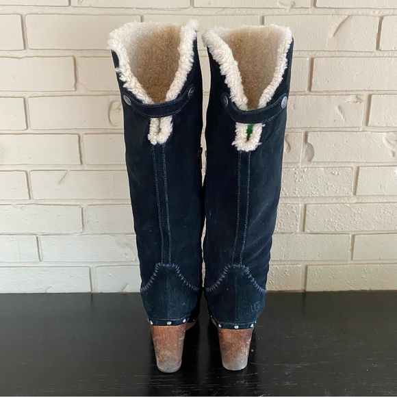 UGG Sz 7 LILLIAN Tall Black Suede Leather/Sheepskin Boots Studded Stacked Heel - Picture 5 of 10